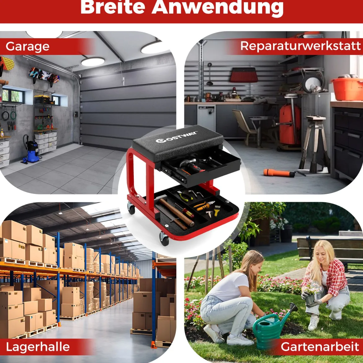 Werkstatthocker mit Rollen & 185 kg Tragfähigkeit Werkstatt Rollsitz Arbeitshocker Schwarz