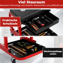 Werkstatthocker mit Rollen & 185 kg Tragfähigkeit Werkstatt Rollsitz Arbeitshocker Schwarz