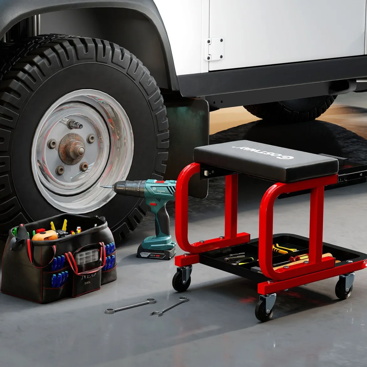 Werkstatthocker mit Rollen & 185 kg Tragfähigkeit Werkstatt Rollsitz Arbeitshocker Schwarz