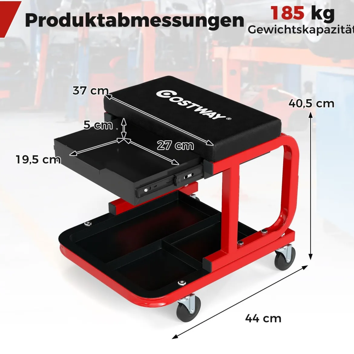 Werkstatthocker mit Rollen & 185 kg Tragfähigkeit Werkstatt Rollsitz Arbeitshocker Schwarz