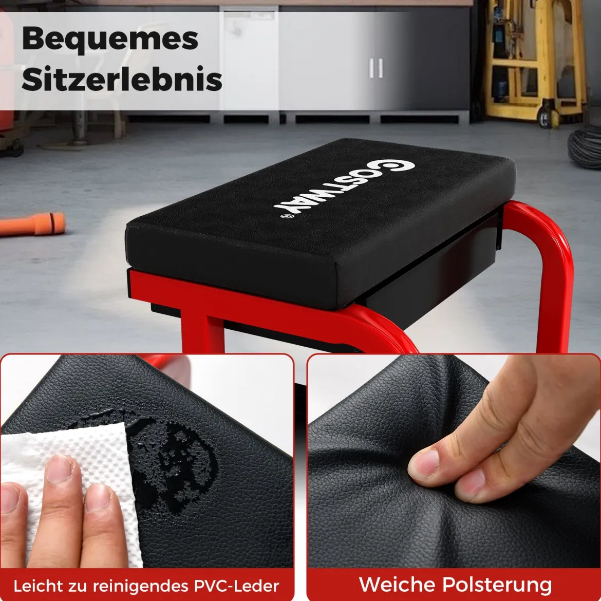Werkstatthocker mit Rollen & 185 kg Tragfähigkeit Werkstatt Rollsitz Arbeitshocker Schwarz