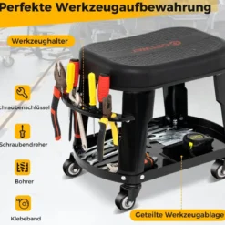Werkstatthocker Werkstattstuhl mit Geräteablage und Werkzeughalter Werkstatt Rollhocker Schwarz