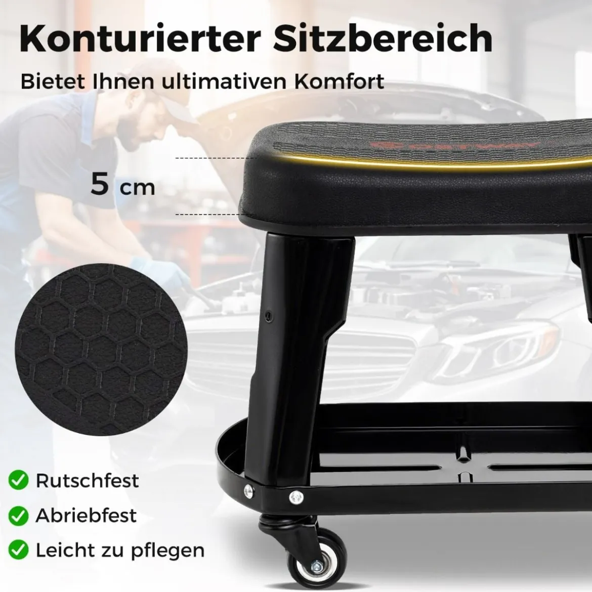 Werkstatthocker Werkstattstuhl mit Geräteablage und Werkzeughalter Werkstatt Rollhocker Schwarz