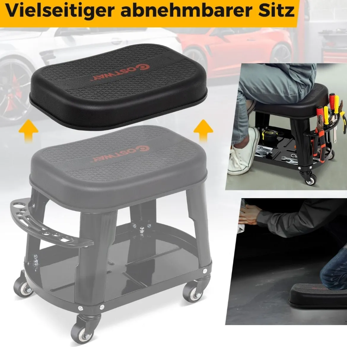 Werkstatthocker Werkstattstuhl mit Geräteablage und Werkzeughalter Werkstatt Rollhocker Schwarz