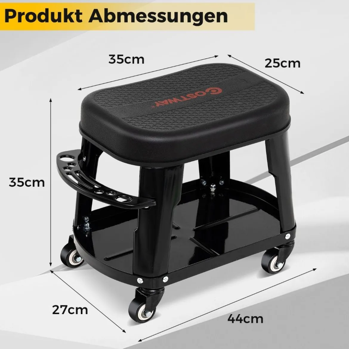 Werkstatthocker Werkstattstuhl mit Geräteablage und Werkzeughalter Werkstatt Rollhocker Schwarz