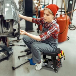 Werkstatthocker Werkstattstuhl mit Geräteablage und Werkzeughalter Werkstatt Rollhocker Schwarz