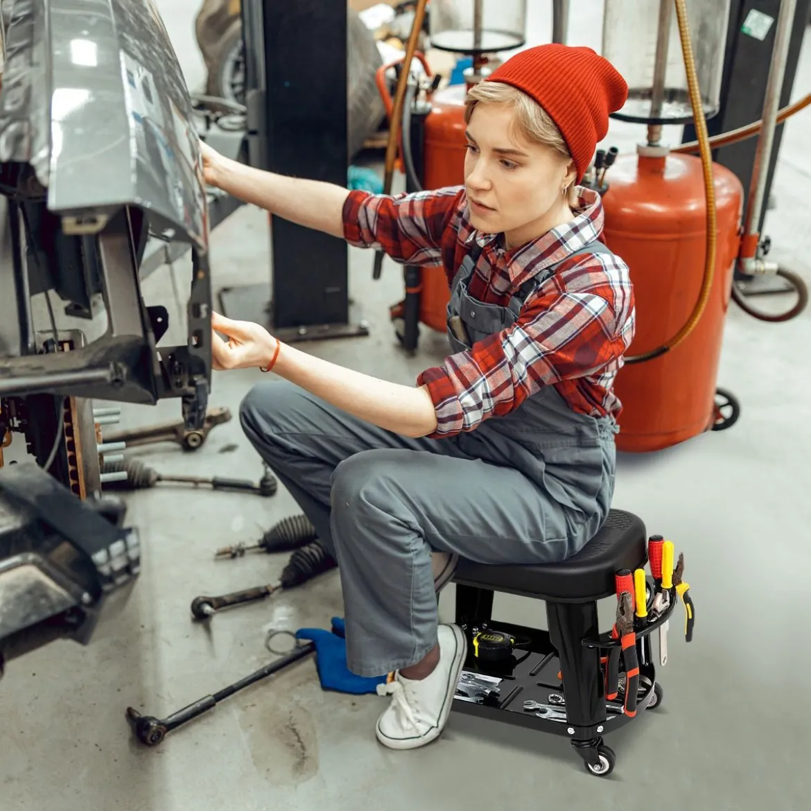Werkstatthocker Werkstattstuhl mit Geräteablage und Werkzeughalter Werkstatt Rollhocker Schwarz