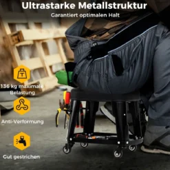 Werkstatthocker Werkstattstuhl mit Geräteablage und Werkzeughalter Werkstatt Rollhocker Schwarz