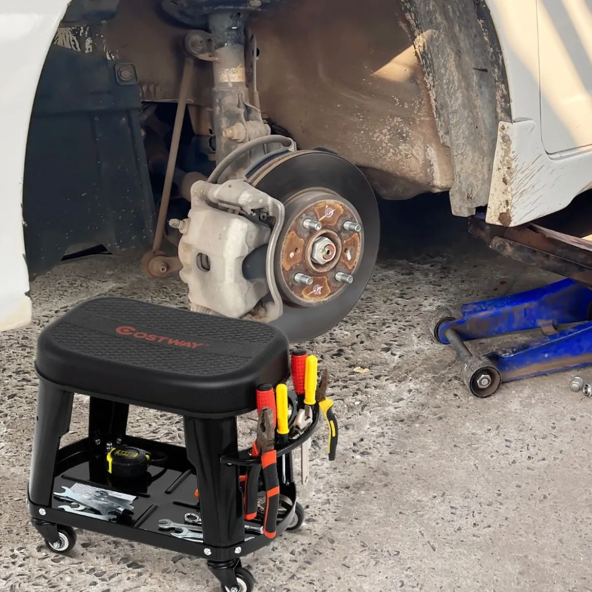Werkstatthocker Werkstattstuhl mit Geräteablage und Werkzeughalter Werkstatt Rollhocker Schwarz