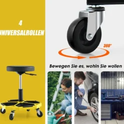 Werkstatt Rollsitz mit Ablage & 4 Universalrollen 150 kg Belastbar Höhenverstellbar Gelb