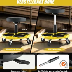 Werkstatt Rollsitz mit Ablage & 4 Universalrollen 150 kg Belastbar Höhenverstellbar Gelb