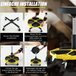 Werkstatt Rollsitz mit Ablage & 4 Universalrollen 150 kg Belastbar Höhenverstellbar Gelb