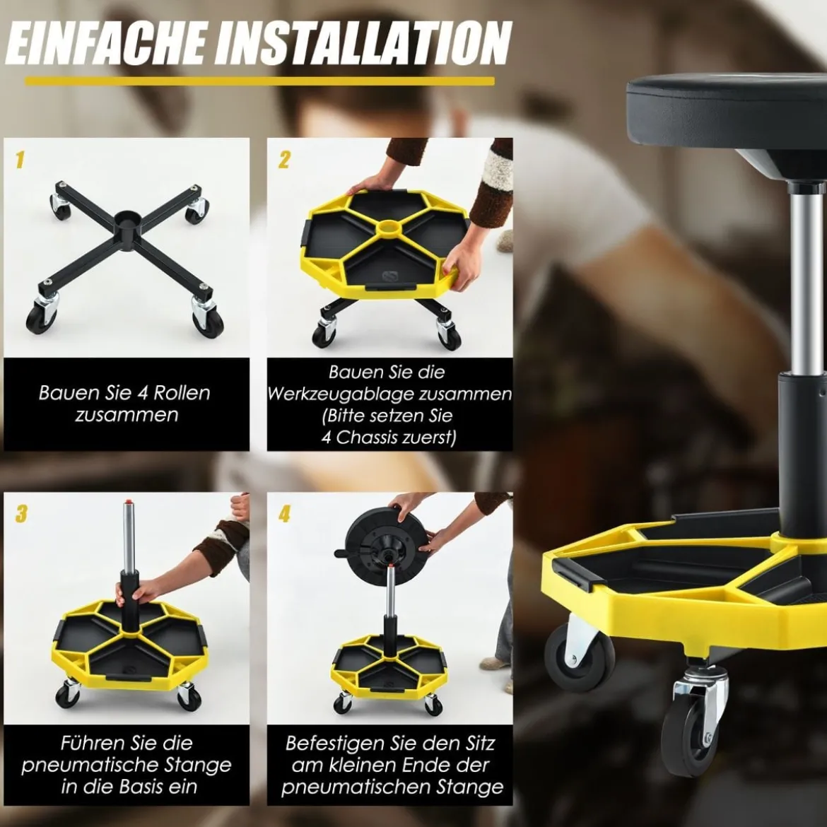 Werkstatt Rollsitz mit Ablage & 4 Universalrollen 150 kg Belastbar Höhenverstellbar Gelb
