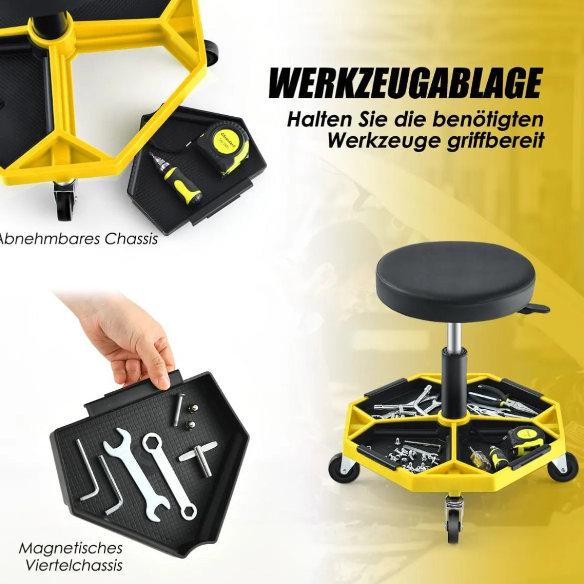 Werkstatt Rollsitz mit Ablage & 4 Universalrollen 150 kg Belastbar Höhenverstellbar Gelb