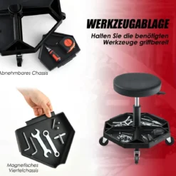 Werkstatt Rollsitz mit Ablage & 4 Universalrollen 150 kg Belastbar Höhenverstellbar Schwarz