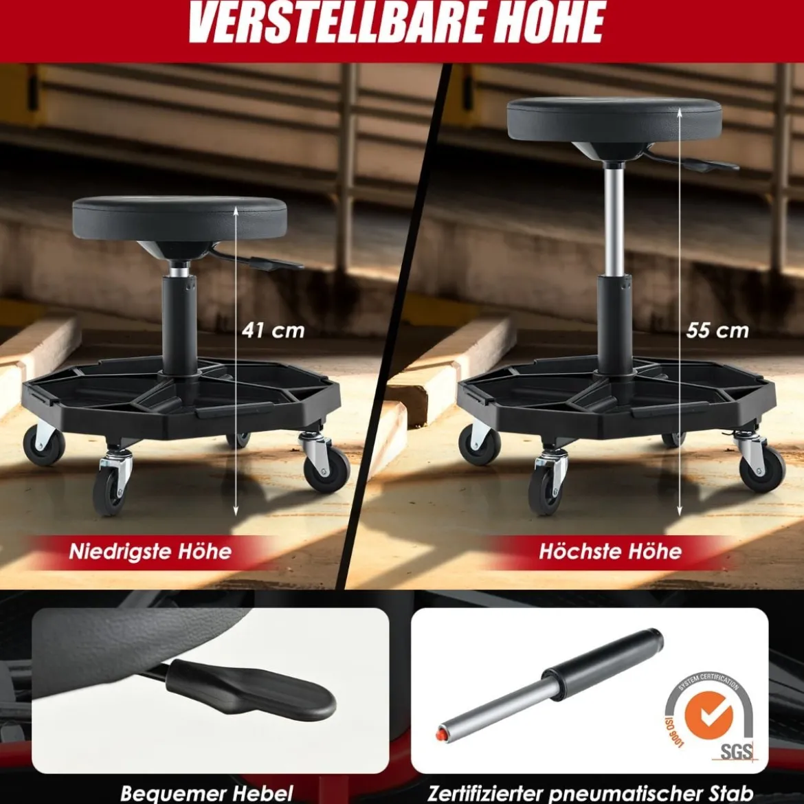 Werkstatt Rollsitz mit Ablage & 4 Universalrollen 150 kg Belastbar Höhenverstellbar Schwarz