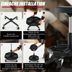 Werkstatt Rollsitz mit Ablage & 4 Universalrollen 150 kg Belastbar Höhenverstellbar Schwarz