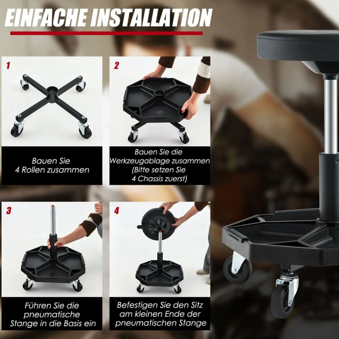 Werkstatt Rollsitz mit Ablage & 4 Universalrollen 150 kg Belastbar Höhenverstellbar Schwarz