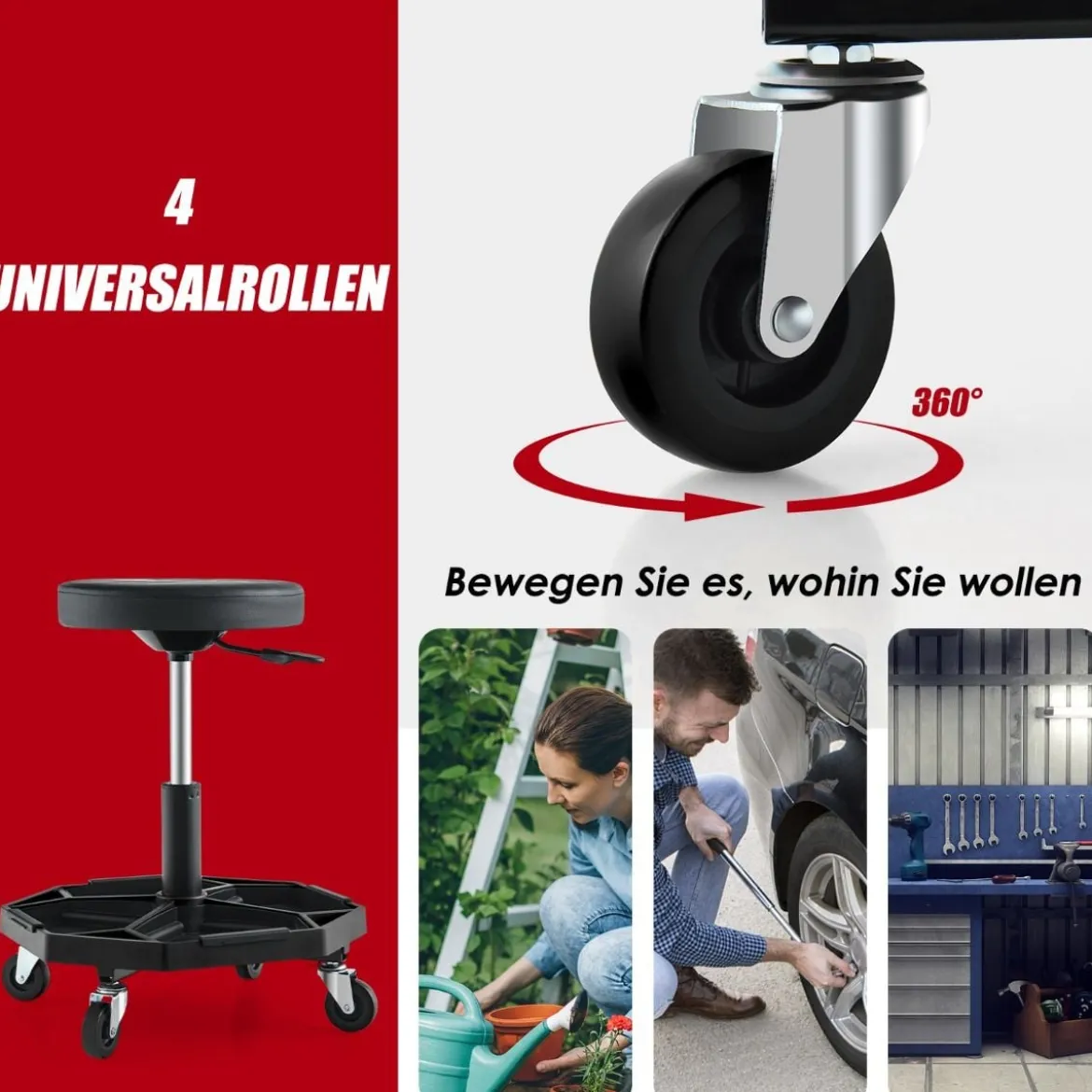 Werkstatt Rollsitz mit Ablage & 4 Universalrollen 150 kg Belastbar Höhenverstellbar Schwarz