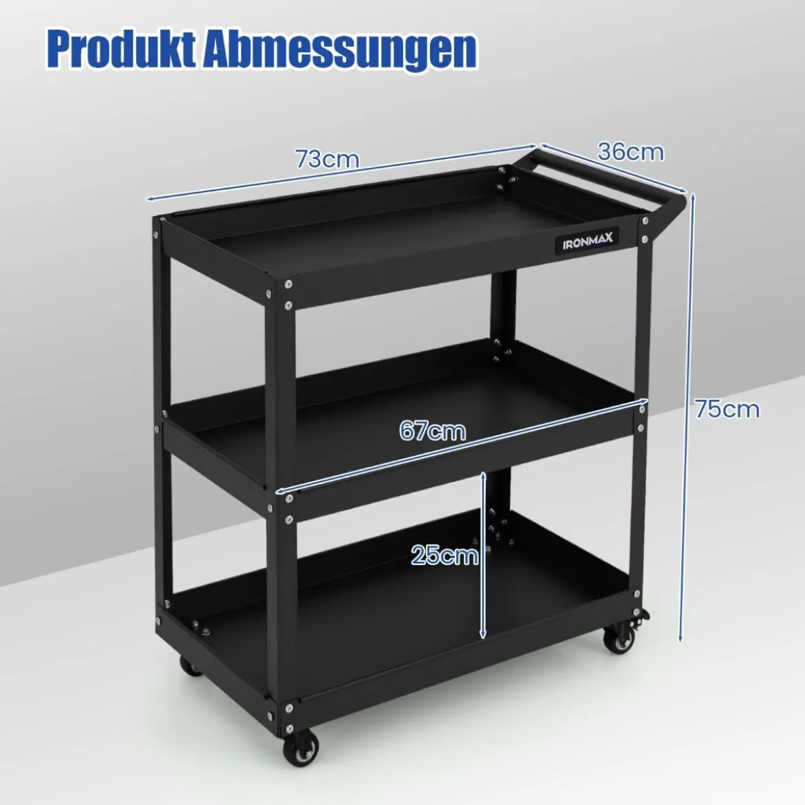 Werkstatt-Rollwagen 3 Etagen Werkstattwagen mit 4 Universalrädern & Griff 73 x 36 x 75 cm Schwarz