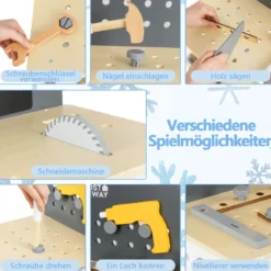 Werkzeugbank für Kinder hölzernes Werkbank-Spielset zum Rollenspiel mit Stecktafel Kreidetafel und Ablageregal