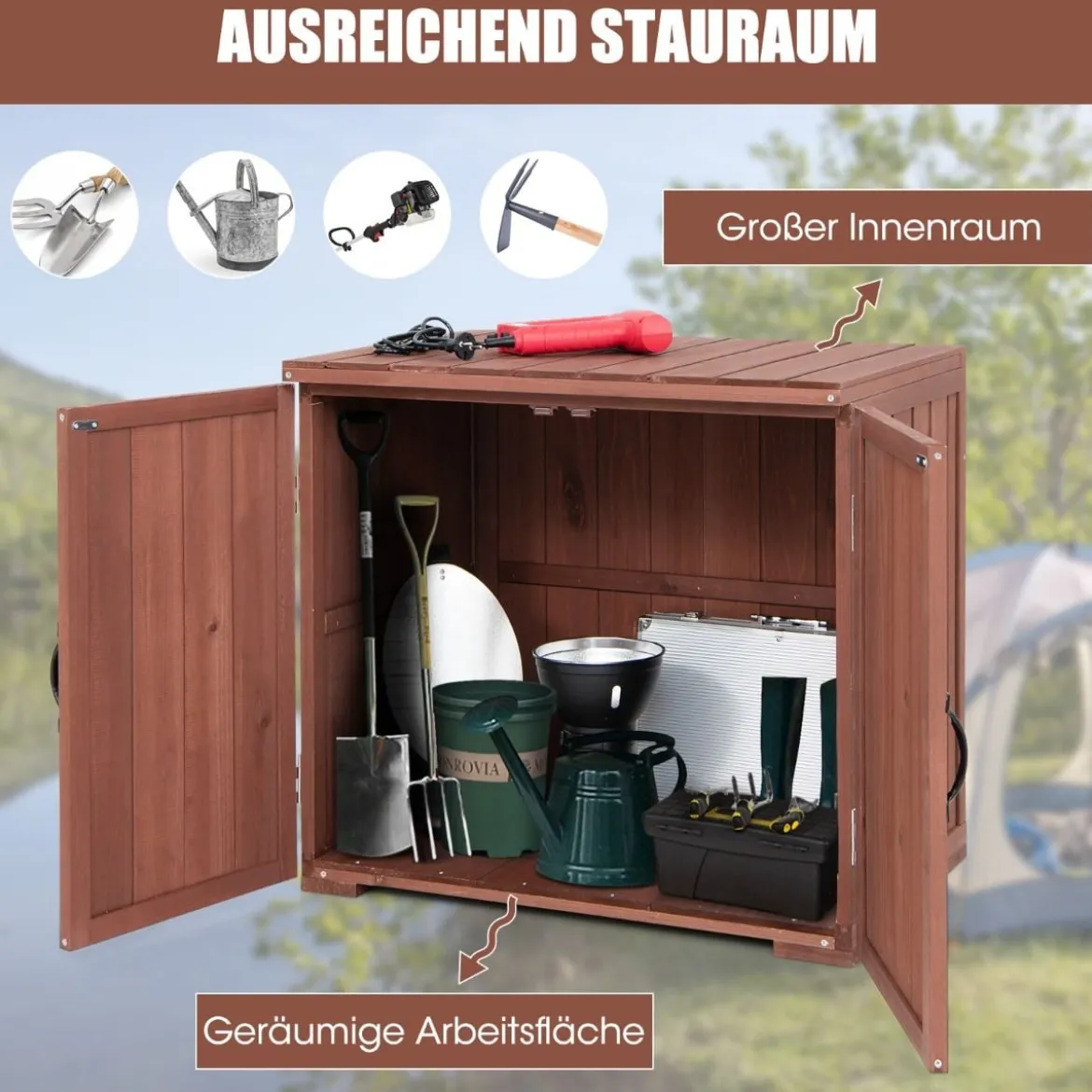 Werkzeugschrank aus massivem Tannenholz mit Doppeltüren und praktischen Türgriffen Braun
