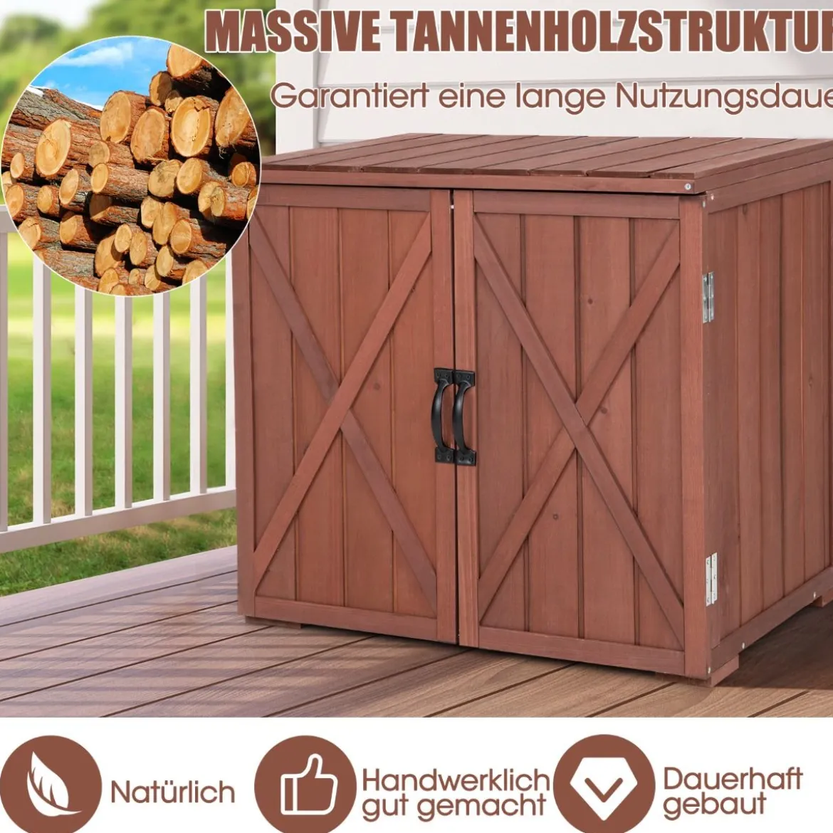 Werkzeugschrank aus massivem Tannenholz mit Doppeltüren und praktischen Türgriffen Braun