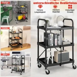 Werkzeugwagen 3 Etagen Klappbarer Rollwagen auf Rollen 61 x 44 x 96 cm Schwarz