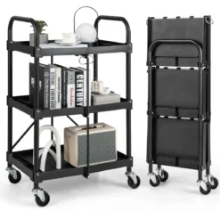 Werkzeugwagen 3 Etagen Klappbarer Rollwagen auf Rollen 61 x 44 x 96 cm Schwarz