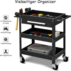 Werkzeugwagen mit Schublade & Seitlicher Werkzeugbank Werkstattwagen Handwagen Schwarz