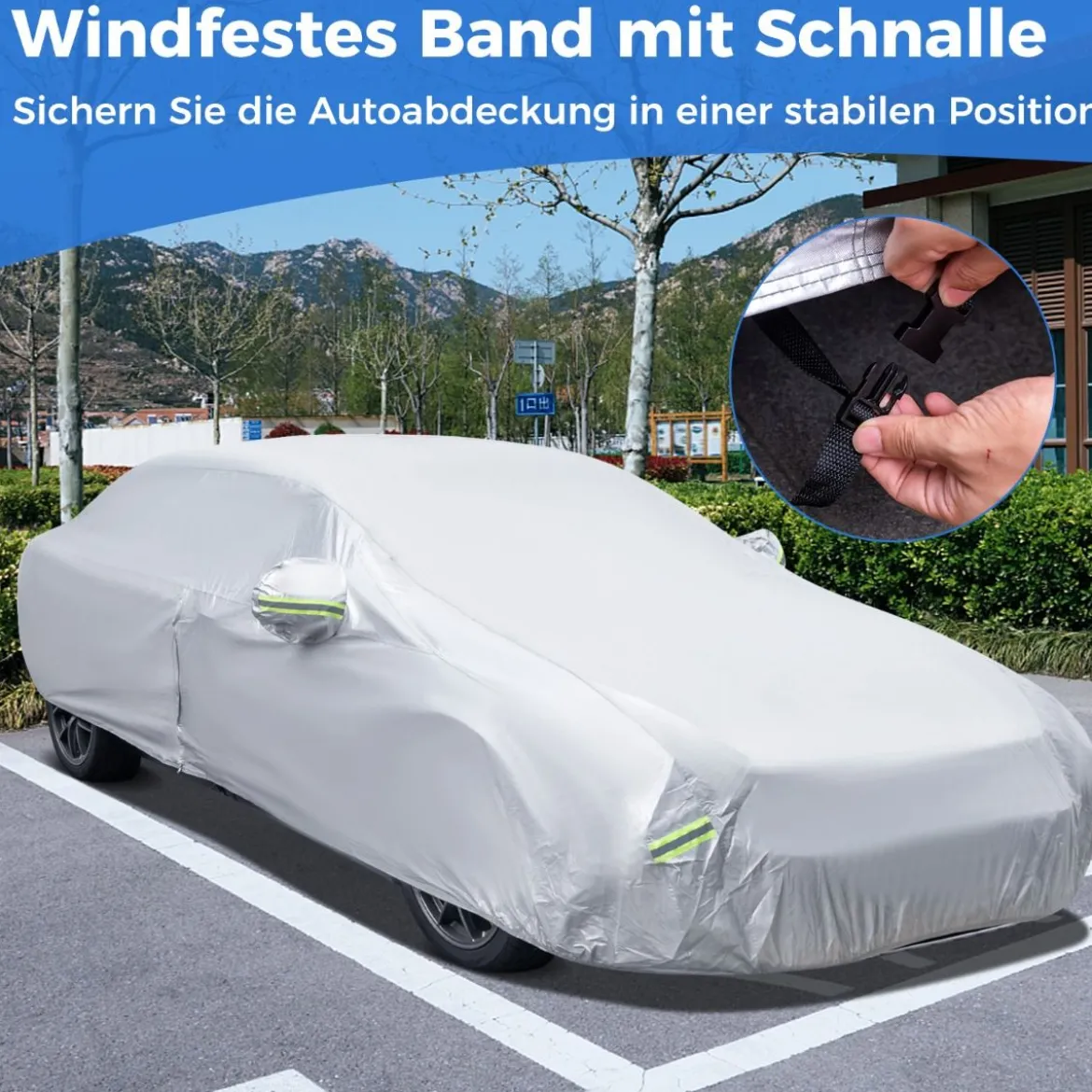 Wetterfeste Abdeckplane für Fahrzeuge Autoabdeckung mit Reißverschlusstür 431 x 160 x 115 cm Silber