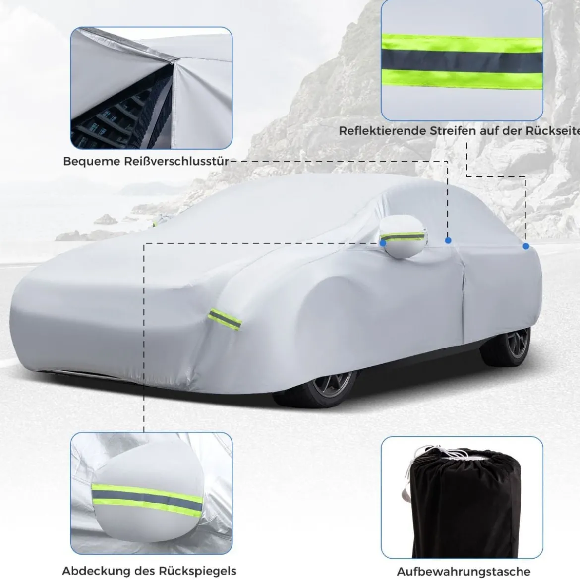 Wetterfeste Abdeckplane für Fahrzeuge Autoabdeckung mit Reißverschlusstür 431 x 160 x 115 cm Silber