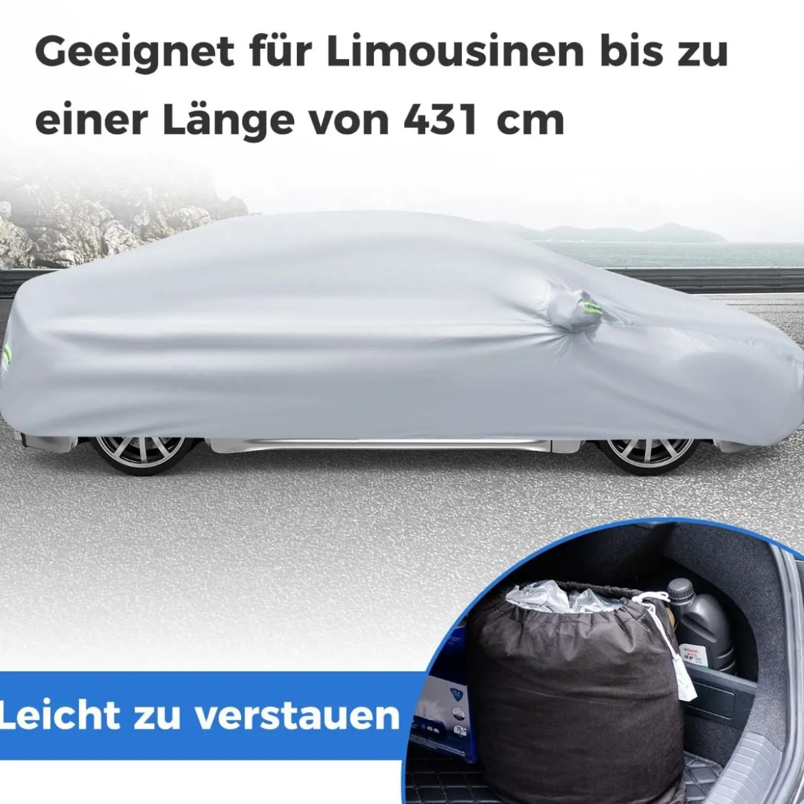 Wetterfeste Abdeckplane für Fahrzeuge Autoabdeckung mit Reißverschlusstür 431 x 160 x 115 cm Silber