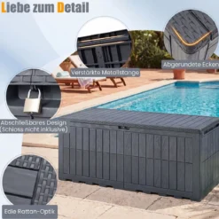 Wetterfeste Auflagenbox 680L Outdoor Aufbewahrungsbox mit Abschließbarem Deckel & Gasdruckfedern Grau