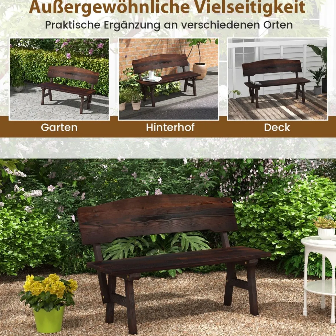 Wetterfeste Gartenbank mit Rückenlehne bis 325 kg Belastbar Parkbank Sitzbank 120 x 51 x 78 cm