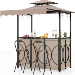 Wetterfester Grillpavillon mit Bar & 2 Barhockern Gartenpavillon mit Doppeldach & Markise Braun