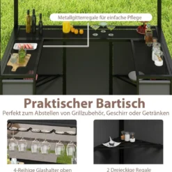 Wetterfester Grillpavillon mit Bar & 2 Barhockern Gartenpavillon mit Doppeldach & Markise Grau