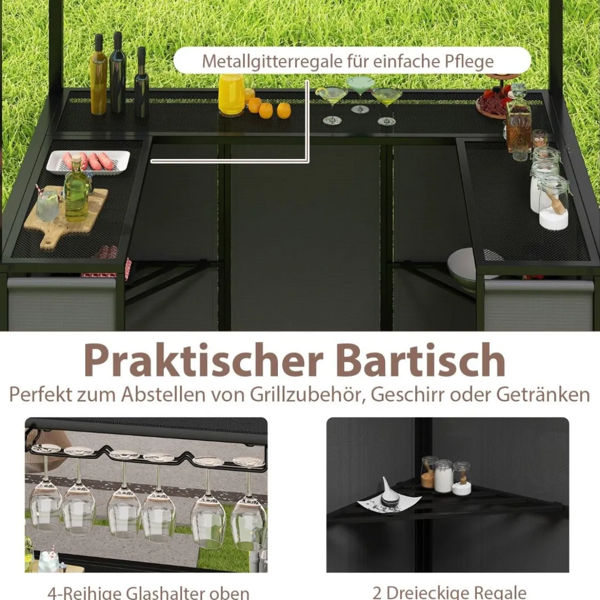 Wetterfester Grillpavillon mit Bar & 2 Barhockern Gartenpavillon mit Doppeldach & Markise Grau