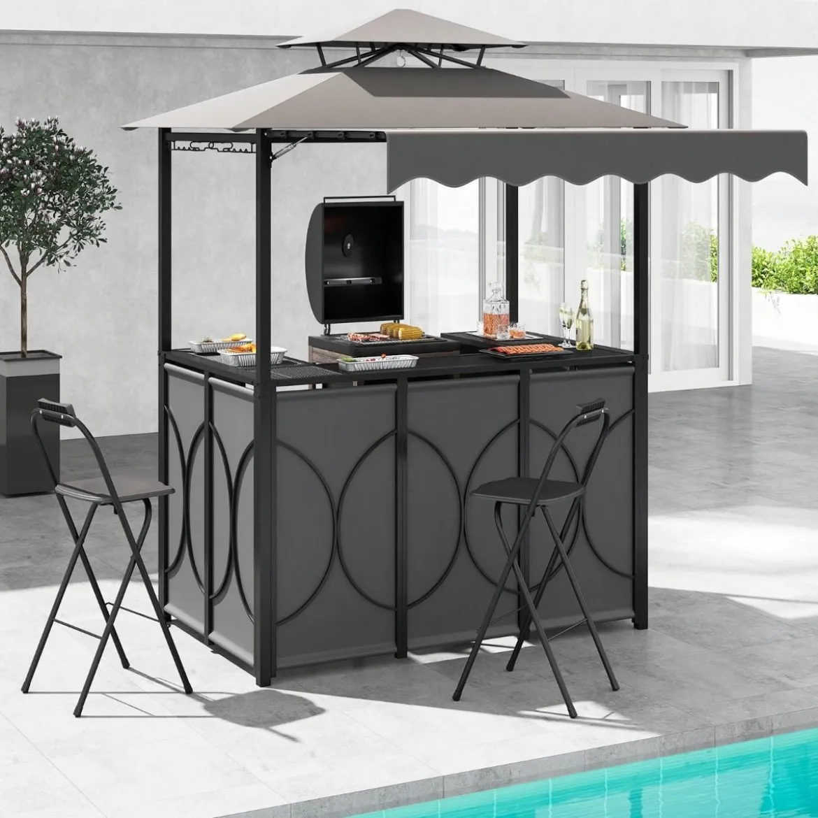 Wetterfester Grillpavillon mit Bar & 2 Barhockern Gartenpavillon mit Doppeldach & Markise Grau
