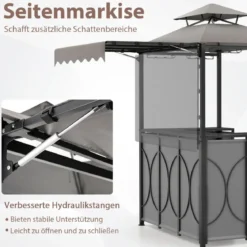 Wetterfester Grillpavillon mit Bar & 2 Barhockern Gartenpavillon mit Doppeldach & Markise Grau