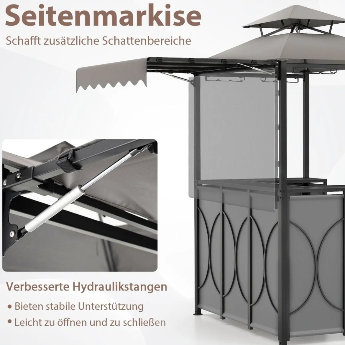 Wetterfester Grillpavillon mit Bar & 2 Barhockern Gartenpavillon mit Doppeldach & Markise Grau