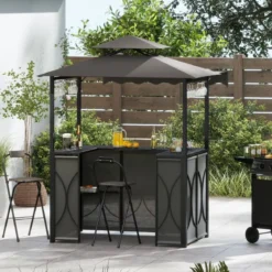 Wetterfester Grillpavillon mit Bar & 2 Barhockern Gartenpavillon mit Doppeldach & Markise Grau