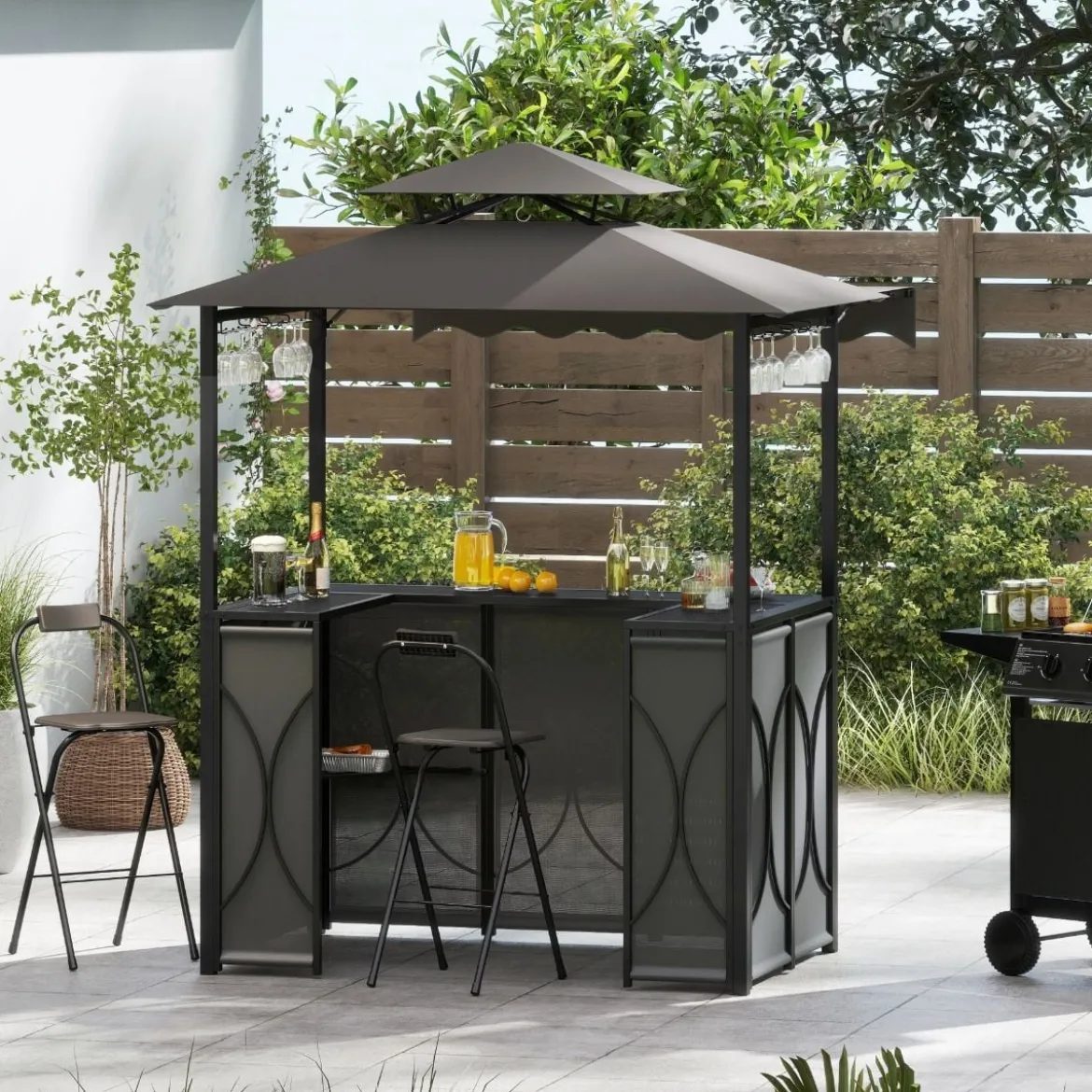 Wetterfester Grillpavillon mit Bar & 2 Barhockern Gartenpavillon mit Doppeldach & Markise Grau