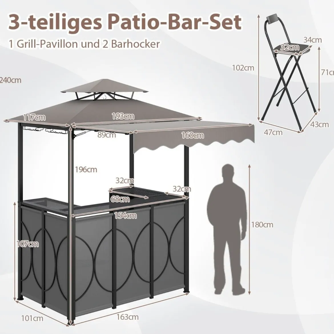 Wetterfester Grillpavillon mit Bar & 2 Barhockern Gartenpavillon mit Doppeldach & Markise Grau