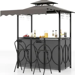 Wetterfester Grillpavillon mit Bar & 2 Barhockern Gartenpavillon mit Doppeldach & Markise Grau
