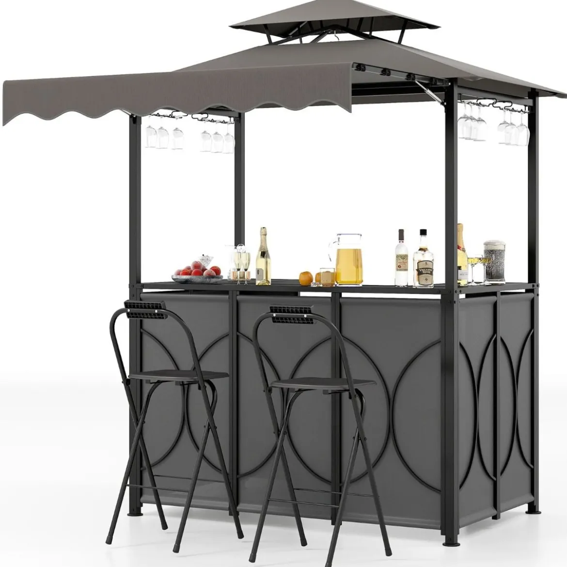 Wetterfester Grillpavillon mit Bar & 2 Barhockern Gartenpavillon mit Doppeldach & Markise Grau