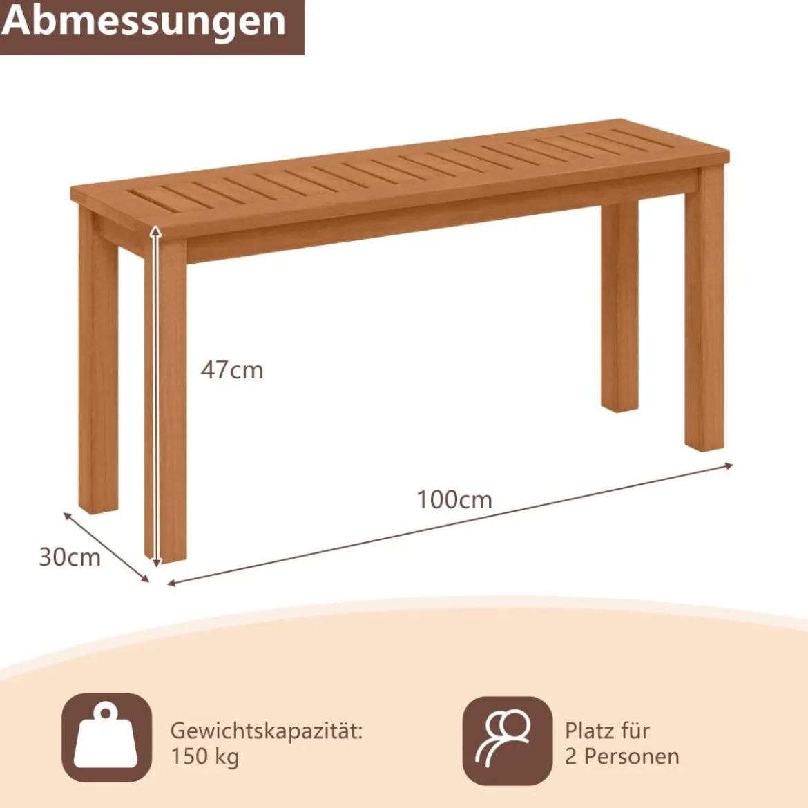 Wetterfestes Gartenbank ohne Rückenlehne 2-Sitzer Sitzbank bis 150 kg Holzbank Parkbank