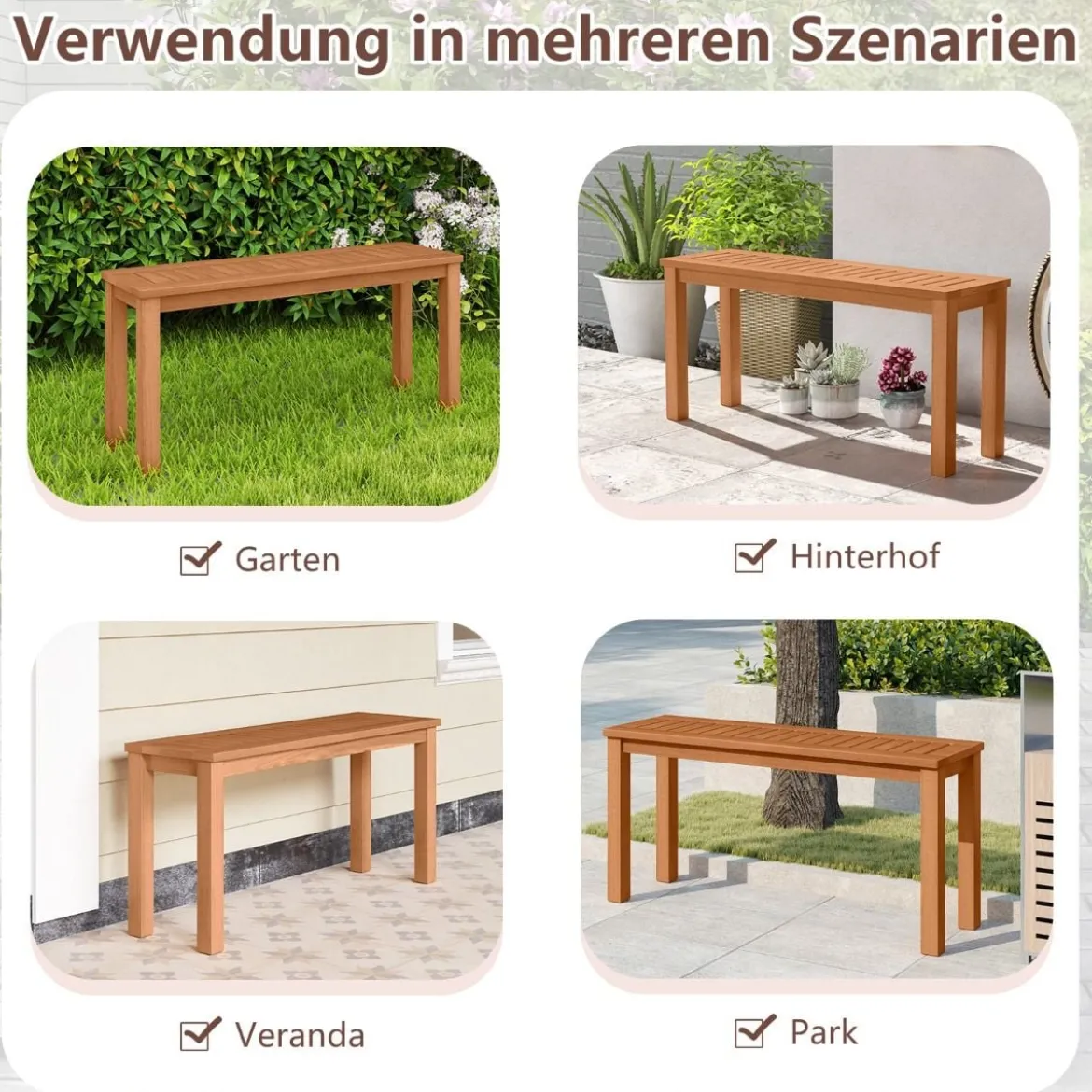Wetterfestes Gartenbank ohne Rückenlehne 2-Sitzer Sitzbank bis 150 kg Holzbank Parkbank