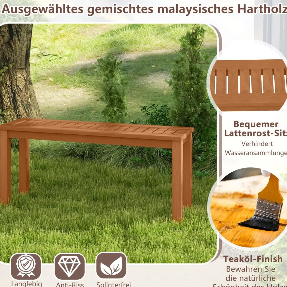 Wetterfestes Gartenbank ohne Rückenlehne 2-Sitzer Sitzbank bis 150 kg Holzbank Parkbank