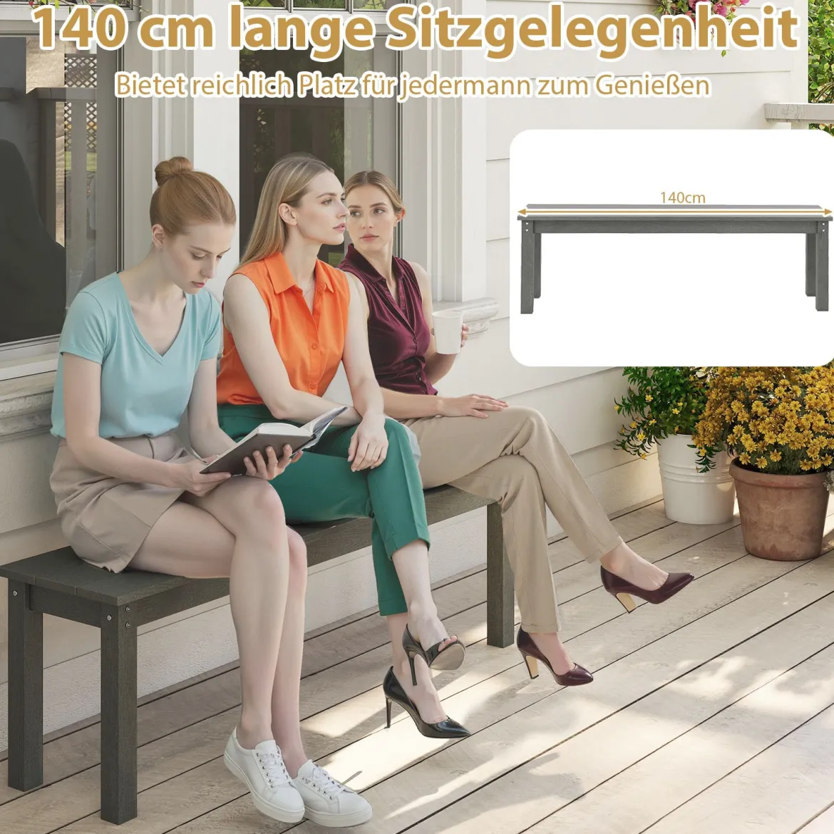 Wetterfestes Gartenbank 3-Sitzer Sitzbank Balkonbank ohne Lehne Terrassenbank Parkbank Grau